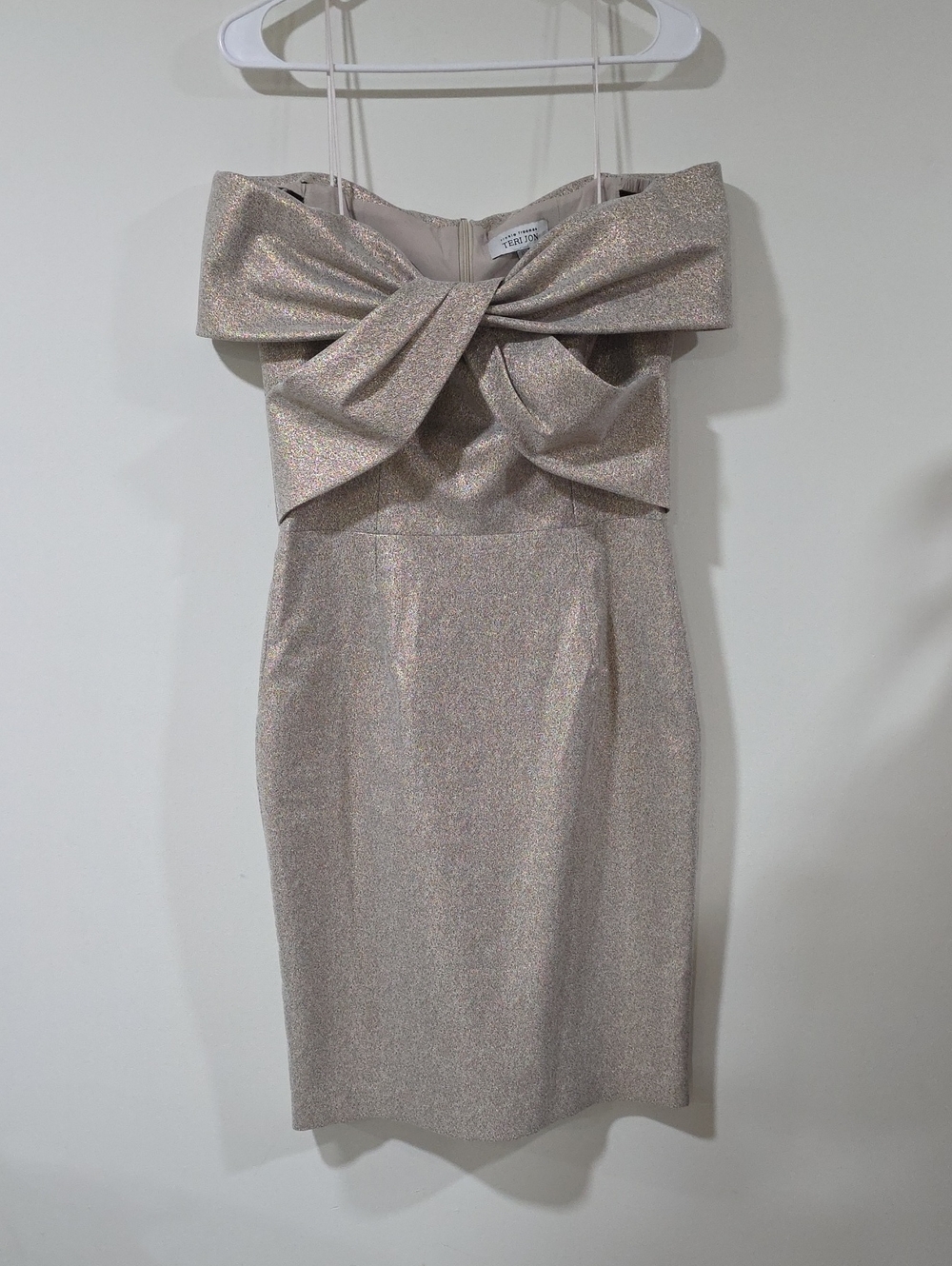 Teri Jon Metallic Champagne Strapless Bow Sheath Dress